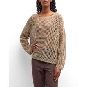 Eileen Fisher Organic Linen Open Knit Mesh Sweater Tan XL Italian Yarn Boxy
